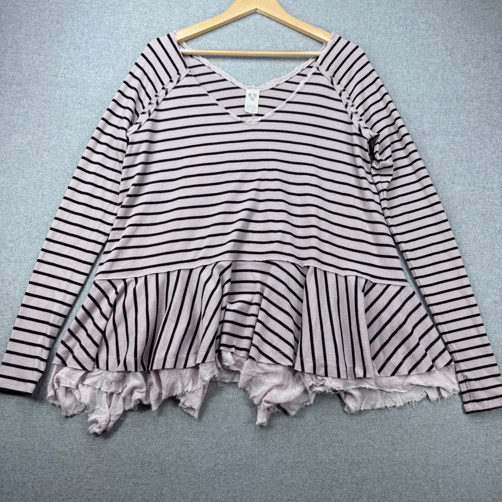 We The Free Tangerine Striped Tee Ruffled Peplum Distressed Long Sleeve Top Sz M